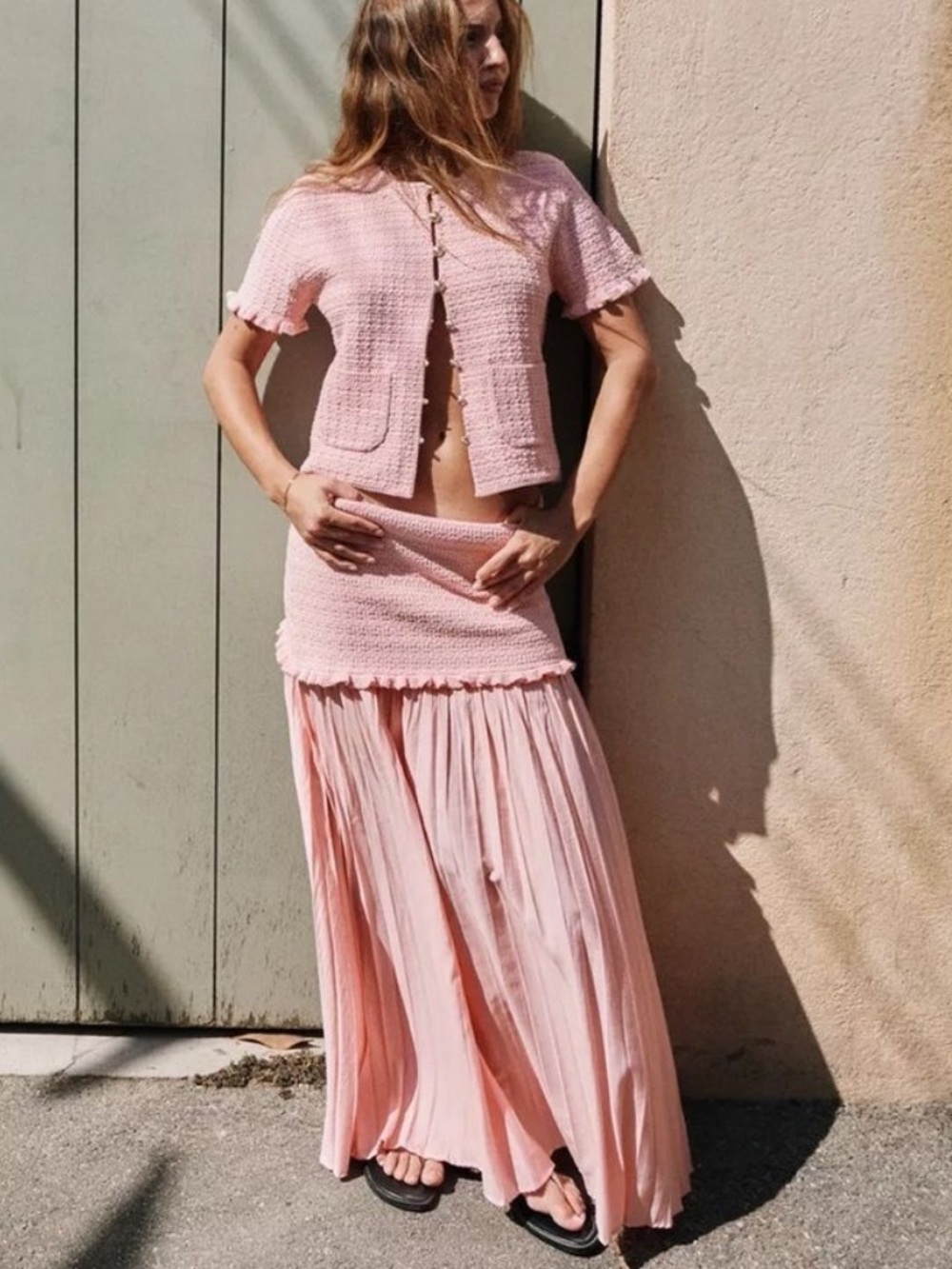 Zara set pink ruffled knit cardigan and combined knit skirt